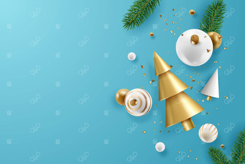 پس‌زمینه‌ای با دکور کریسمس: درخت‌های مخروطی شکل، توپ‌های تزئینی و شاخه‌های سال نو