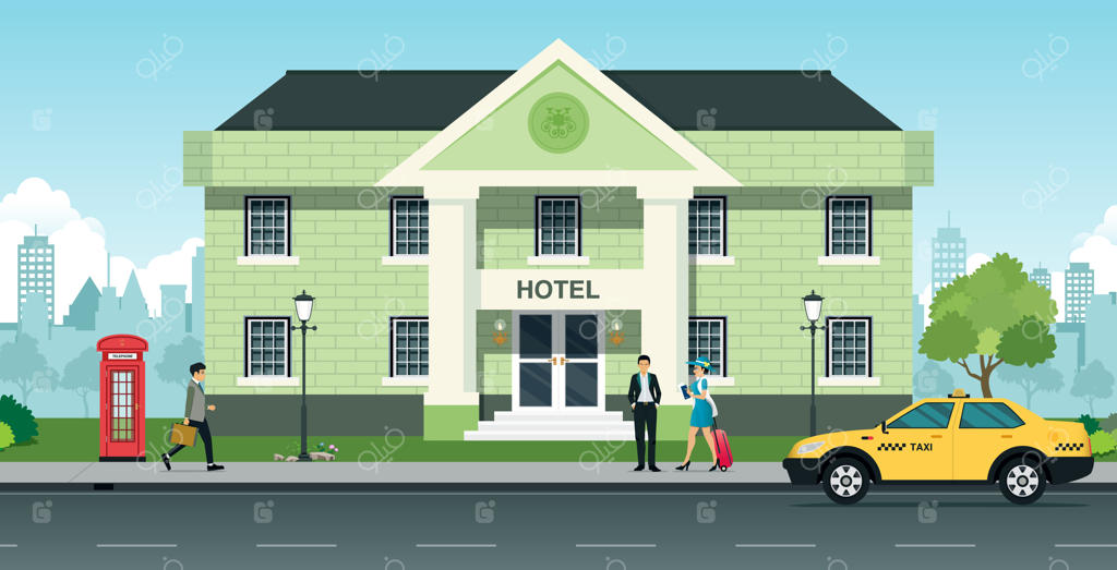 گردشگران زن و مرد در مقابل هتل با تاکسی‌های پارک شده