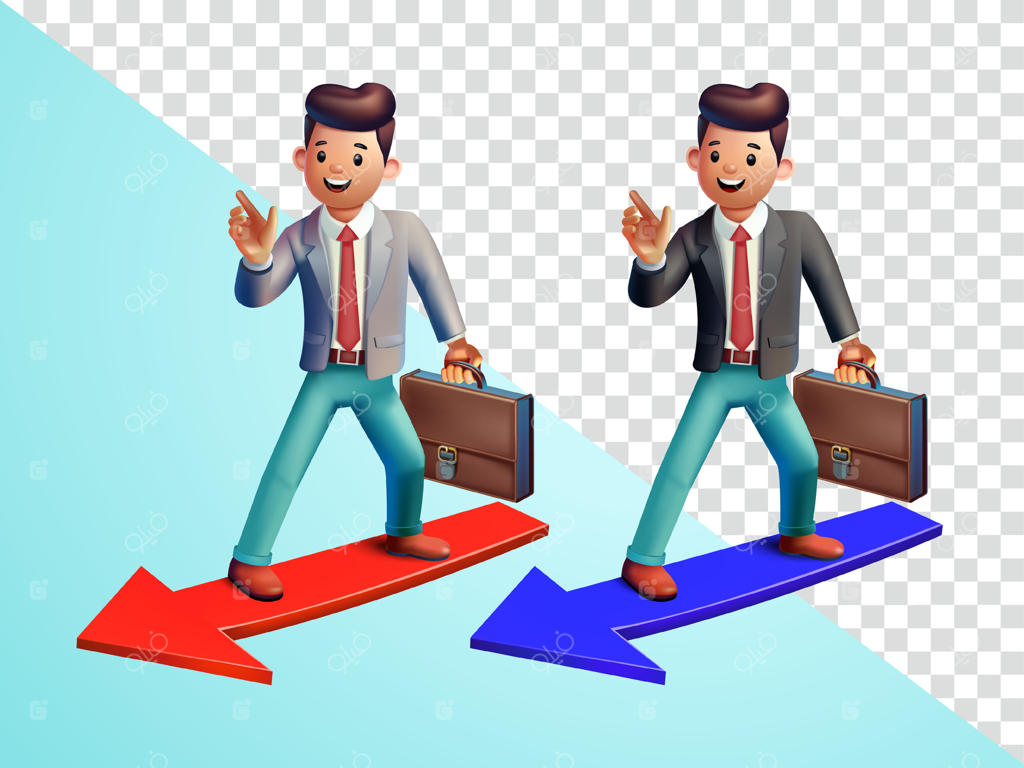 مرد اداری روی فلش‌ها در حال موج‌سواری سه‌بعدی - مناسب برای عناصر تجاری، شغلی و طراحی