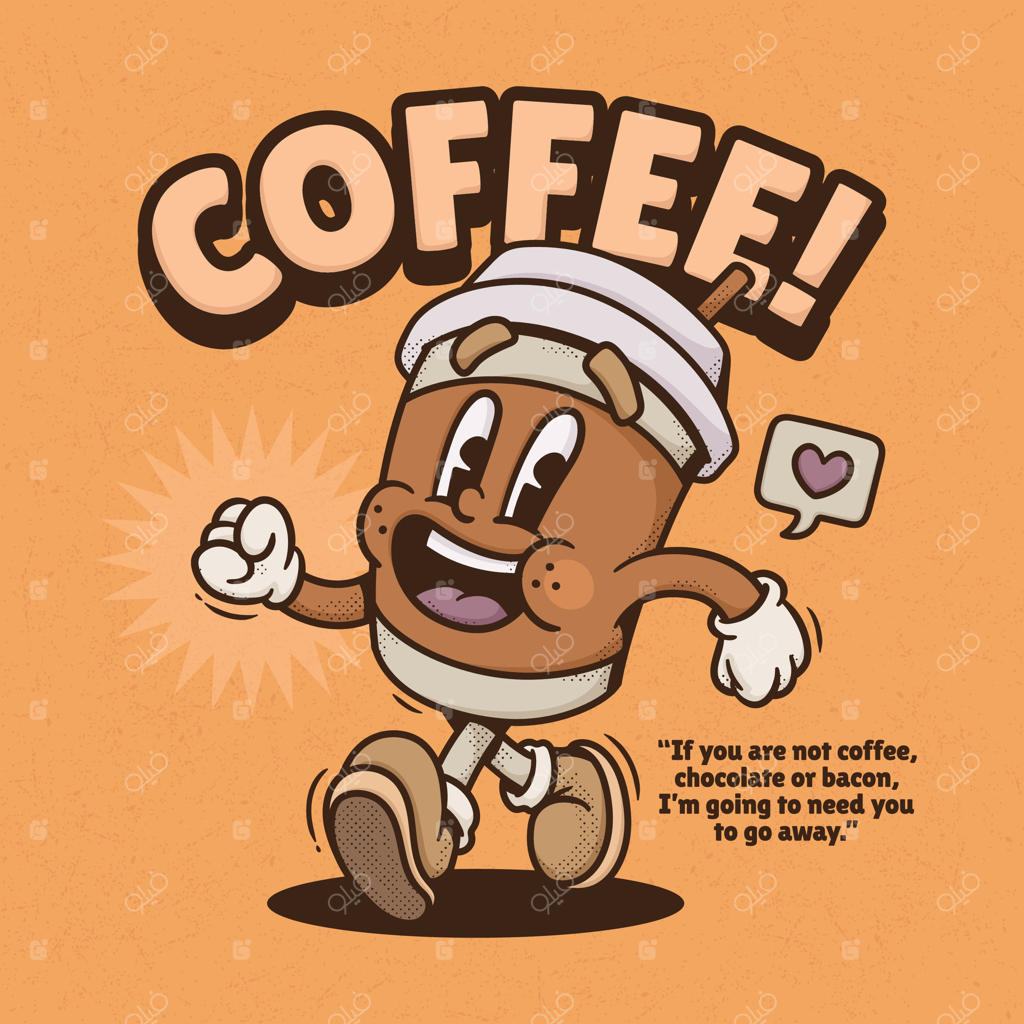 شخصیت کارتونی بامزه فنجان قهوه در حال قدم زدن با ثبات و اطمینان