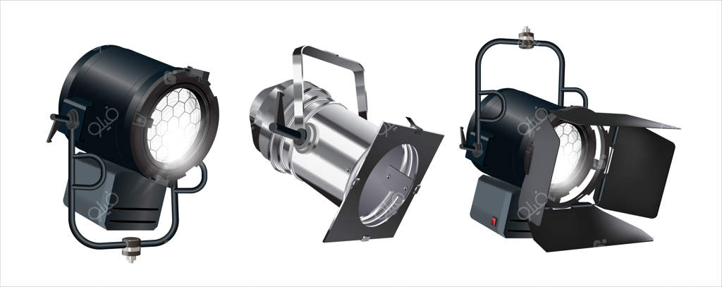 مجموعه‌ای از نورافکن‌های واقع‌گرایانه، سافت‌ها و چراغ‌های استودیویی. نورپردازی حرفه‌ای برای عکاسی و فیلم‌برداری. پروژکتورهای استودیو و نورهای سینمایی. اسپا‌ت‌لایت روی زمینه سفید