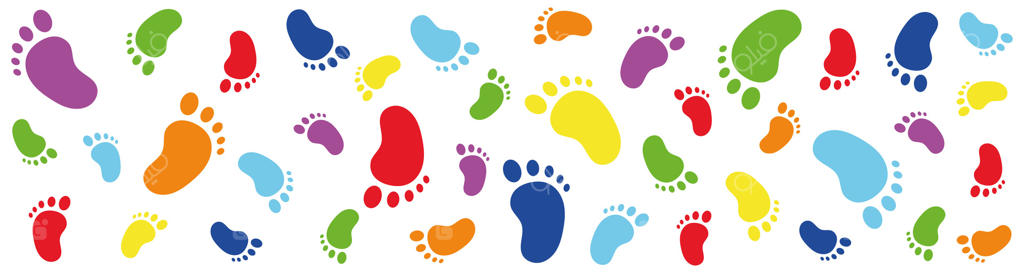 بنر رد پاهای رنگارنگ نوزاد. طرح رد پاهای رنگی و زیبا مخصوص دکوراسیون اتاق کودک، جشن سیسمونی، پارچه، پس‌زمینه، بنر وب یا مهدکودک