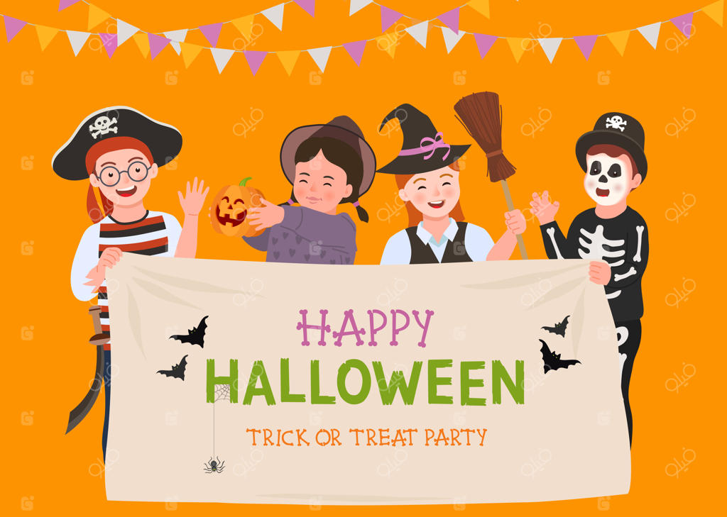 پوستر مهمانی هالووین: جمعی از بچه‌های خوشحال با لباس‌های هالووین.