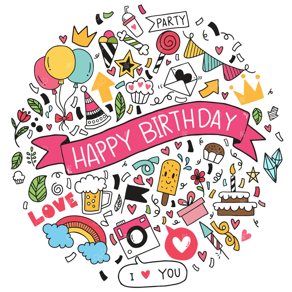 تصویرسازی دستی وکتور: تزئینات تولدت مبارک و عناصر دودل مهمانی