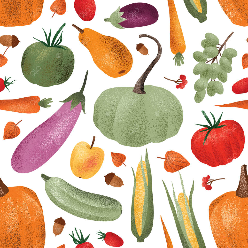 پترن یکپارچه برداشت پاییزی: میوه‌ها و سبزیجات رسیده و انواع توت‌ها