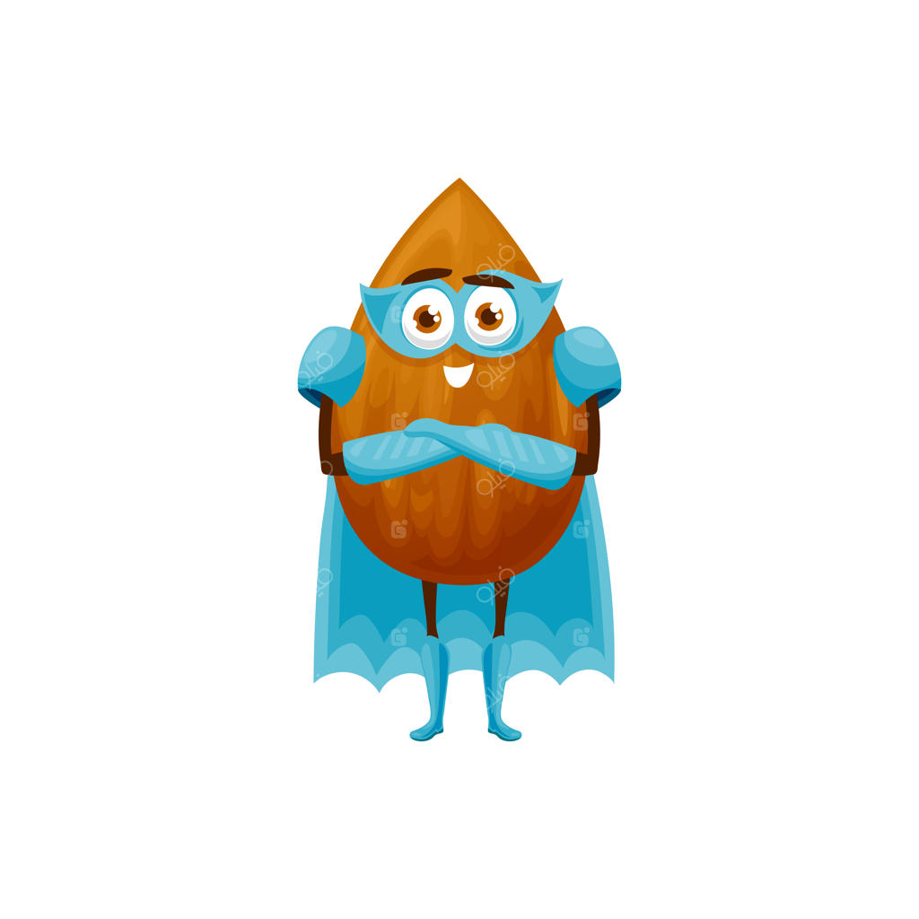 دانه بادام‌زمینی خنده‌دار سوپرقهرمان: ایموجی بامزه با نقاب و شنل؛ دانه کاکائو با چهره کودکانه و چشم‌های بزرگ؛ غذای ارگانیک و سوپرفود قهرمانی