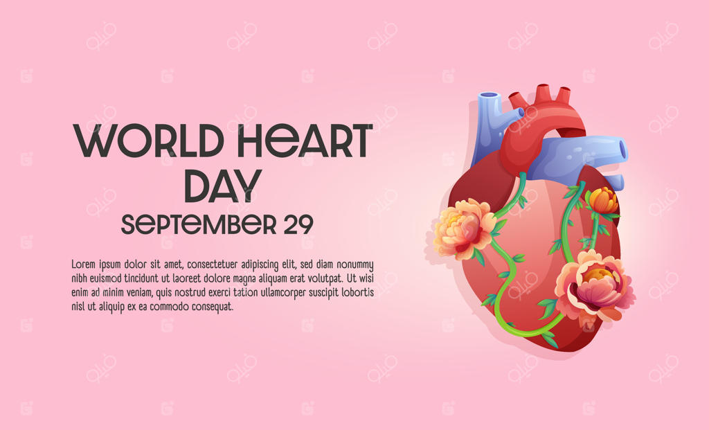 مفهوم روز جهانی قلب، قلب انسان با گل‌ها و برگ‌های زیبا تزیین شده است.