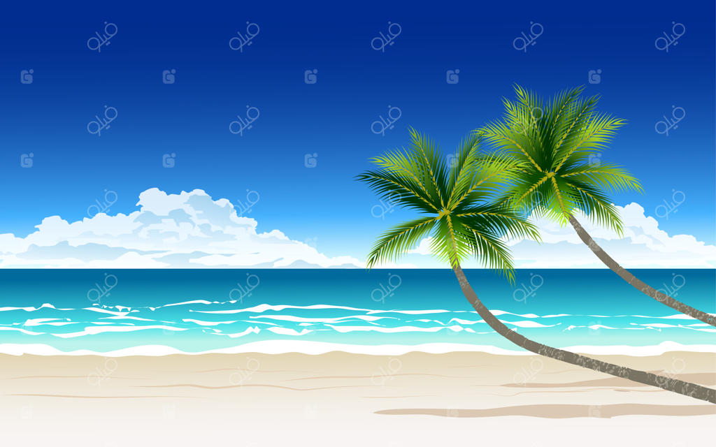 ساحل زیبا در روزی آفتابی با دو درخت نخل