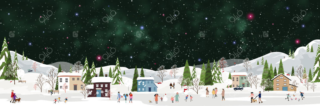 پس‌زمینه کریسمس، منظره روستای زمستانی در شب تاریک با آسمان پرستاره، برفی و مردمی که در پارک شهر جشن می‌گیرند، جشن سال نو، افق شب کریسمس، جنگل درختان زمستانی زیبای طبیعت