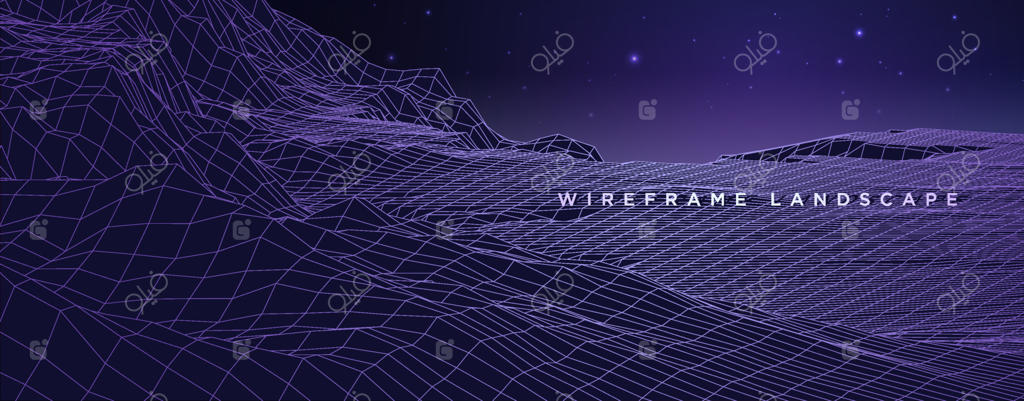 تصویر منظره شبکه‌ای. پس‌زمینه کوهستانی دیجیتال سه‌بعدی و آینده‌نگر با طراحی کم‌چندضلعی