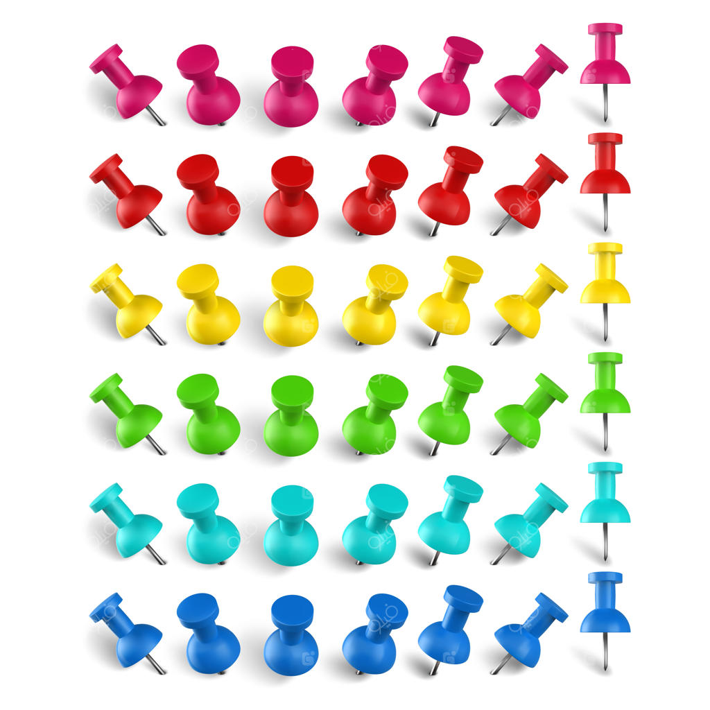 پونز و پین‌های رنگی. نشانگر موقعیت مکانی و مجموعه پین‌های واقع‌گرایانه. لوازم تحریر. ملزومات پلاستیکی اداری و خیاطی. تصویرسازی پونز برای یادداشت‌های اداری