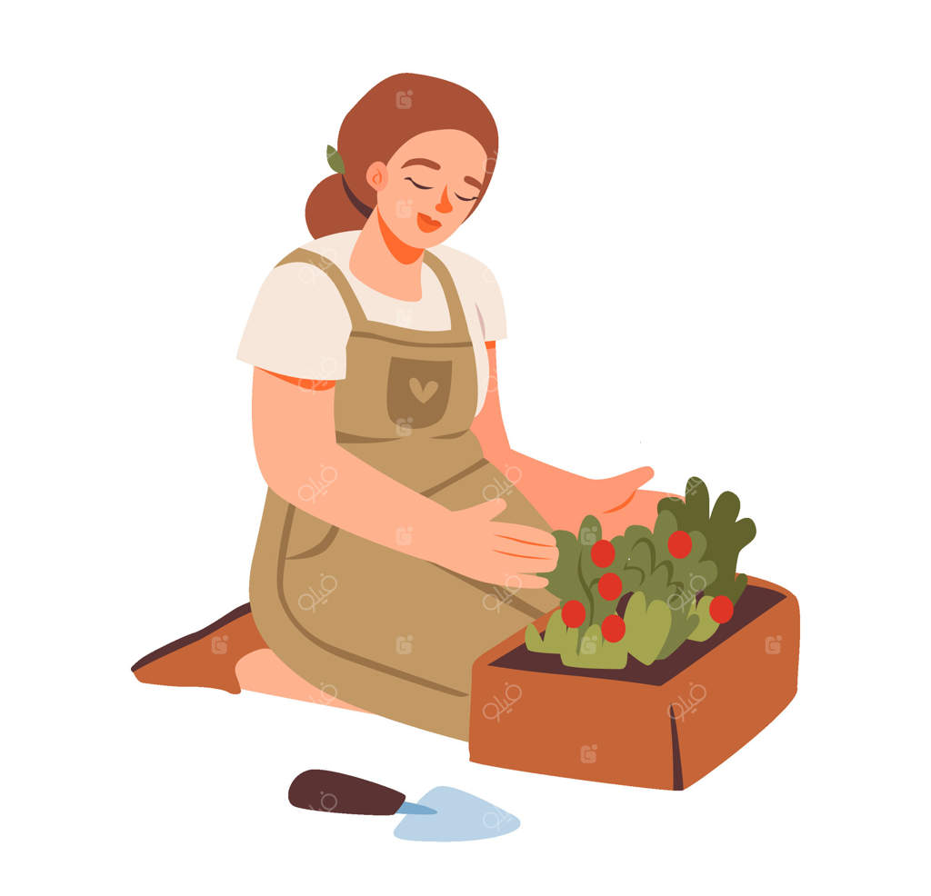 باغبان زن در حال کار در باغ سبزیجات: تصویر ساده‌ای از زنی که در فضای باز مشغول باغبانی است.