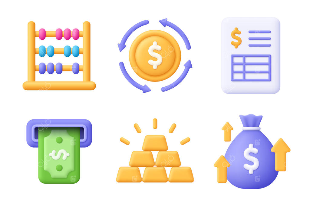 چرتکه، سکه، پرونده، اسکناس، شمش طلا، کیسه پول. مجموعه آیکون‌های سه‌بعدی اقتصادی به سبک کارتونی.
