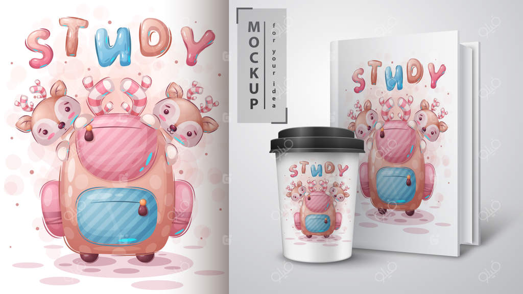 پوستر و محصولات تبلیغاتی گوزن با کوله‌پشتی مدرسه. وکتور EPS 10