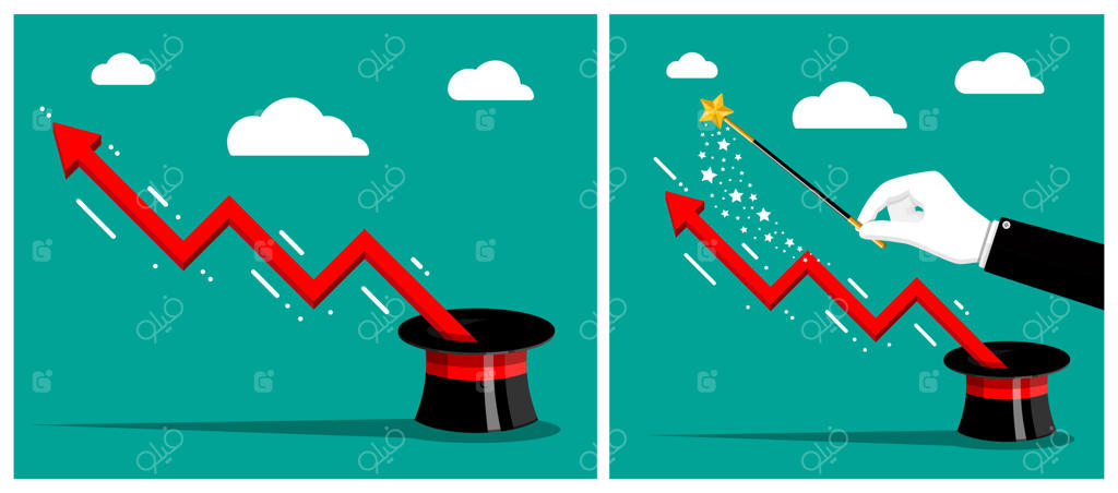 پیکان‌های قرمز بالا و پایین که از کلاه جادویی بیرون می‌آیند
