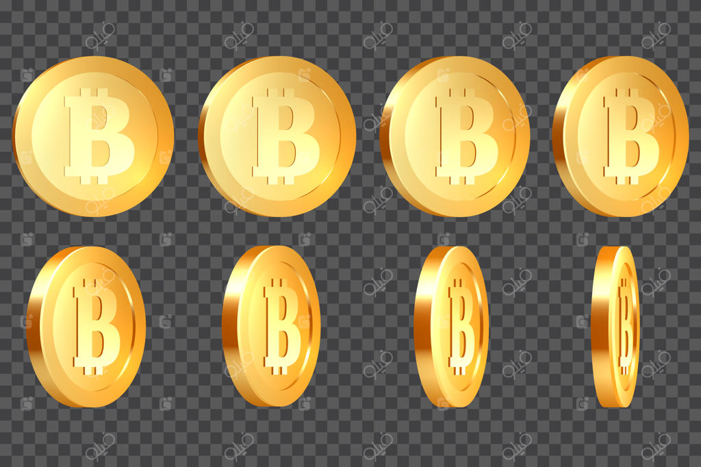 مجموعه‌ای از بیت‌کوین‌های طلایی فلزی سه‌بعدی با زاویه چرخش ۱۰ تا ۸۰ درجه