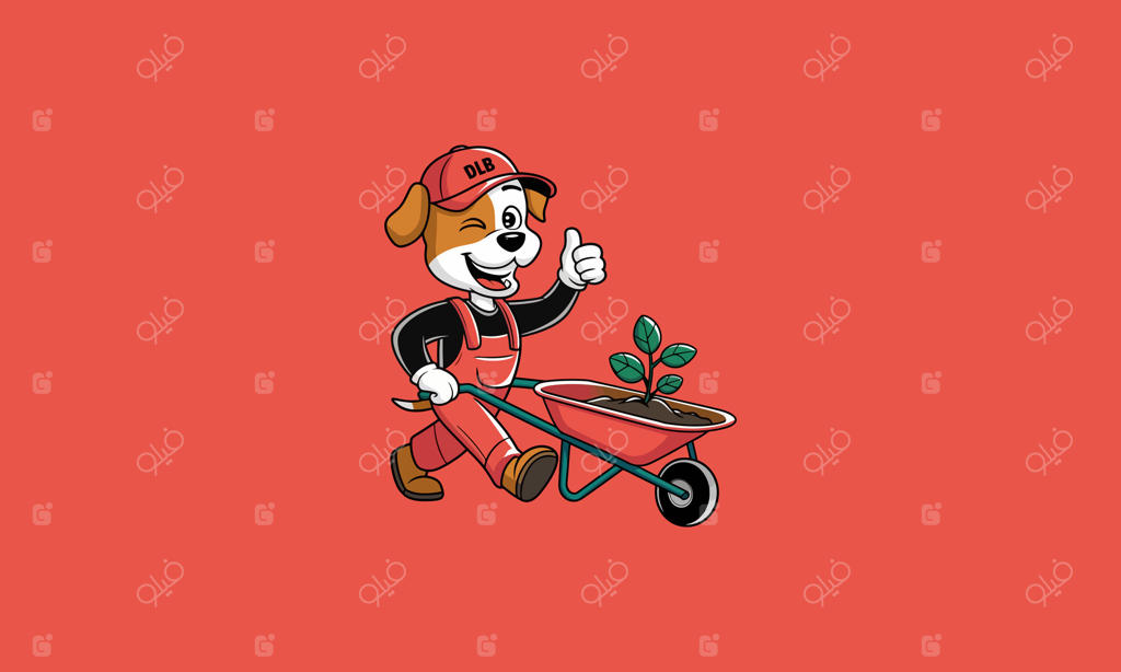 سگ باغبان با فرغون، شست بالا، در حال کاشت نهال.