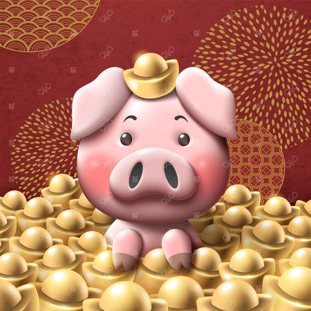 خوکچه دوست‌داشتنی با شمش طلای درخشان روی زمینه قرمز