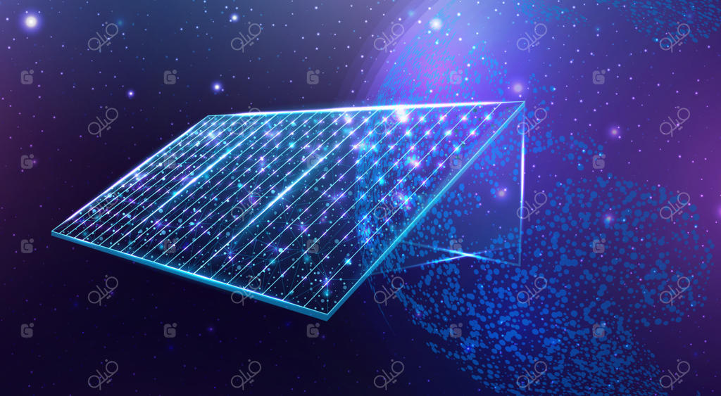 باتری خورشیدی، پنل خورشیدی: مفهومی از انرژی جایگزین و تجدیدپذیر با پنل نورانی و چندوجهی در پس‌زمینه آبی تیره. طراحی چندبعدی و آینده‌نگر.