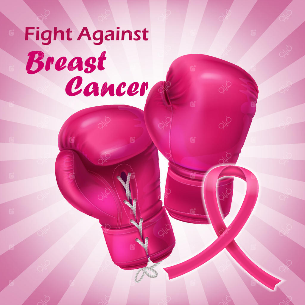 پوستر سرطان سینه با دستکش‌های بوکس صورتی و روبان، نماد حمایت از سلامت زنان، مفهوم امید و مبارزه، کمپین جهانی آگاهی از سرطان سینه