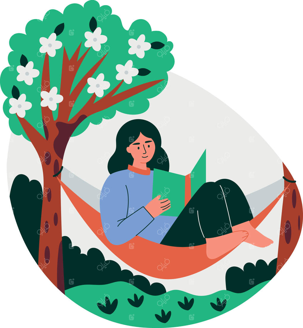 دختر در باغ در حال خواندن کتاب در ننو، تصویرسازی به سبک تخت