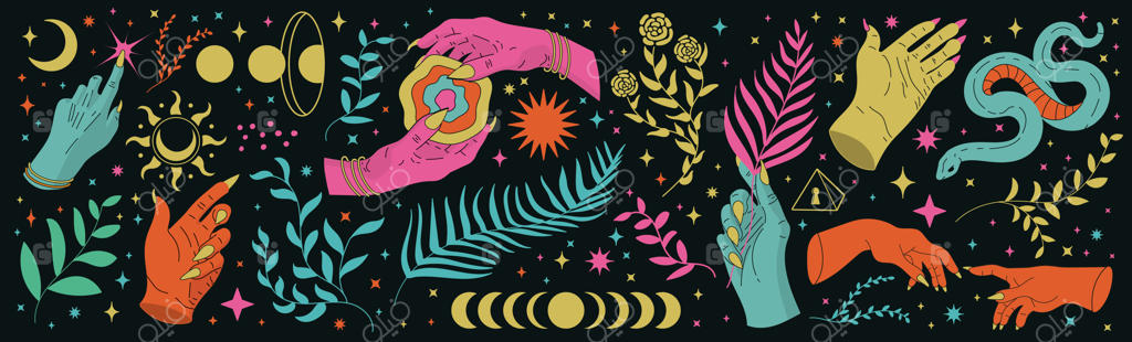 مجموعه‌ای از دستان زنانه دارای گل با سبکی کارتونی در حال لمس فالگیری و جادو