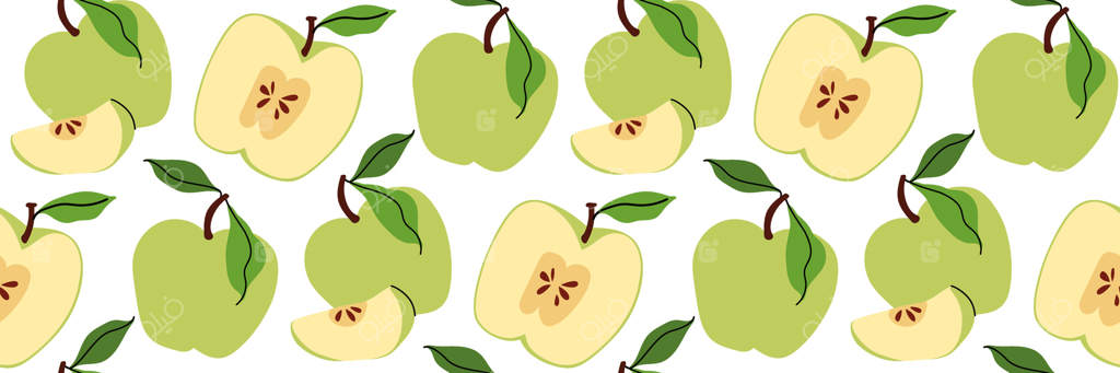 پترن یکپارچه با سیب‌های سبز، کامل و نصف شده نشان‌دهنده هسته. زمینه باغ بهاری. مناسب برای پارچه، منو، بسته‌بندی، طراحی آشپزخانه. تصویرسازی ساده.