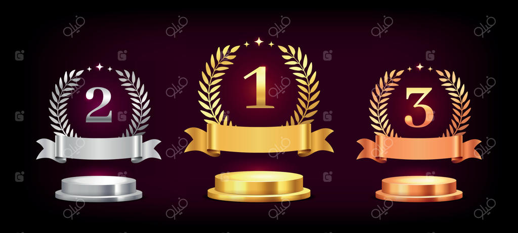 سکوی قهرمانی: مراسم اهدای جوایز با جایگاه اول طلایی، دوم نقره‌ای و سوم برنزی و حلقه گل برای موفقیت بزرگ در ورزش