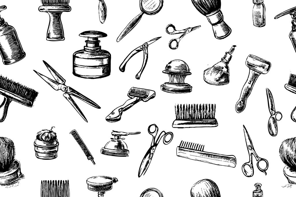 مجموعه ابزار طراحی آرایشگاه: تجهیزات ضروری آرایشگر، ماشین اصلاح، قیچی‌ها، تیغ‌ها. تصویرسازی وکتوری از لوازم آرایشگری.