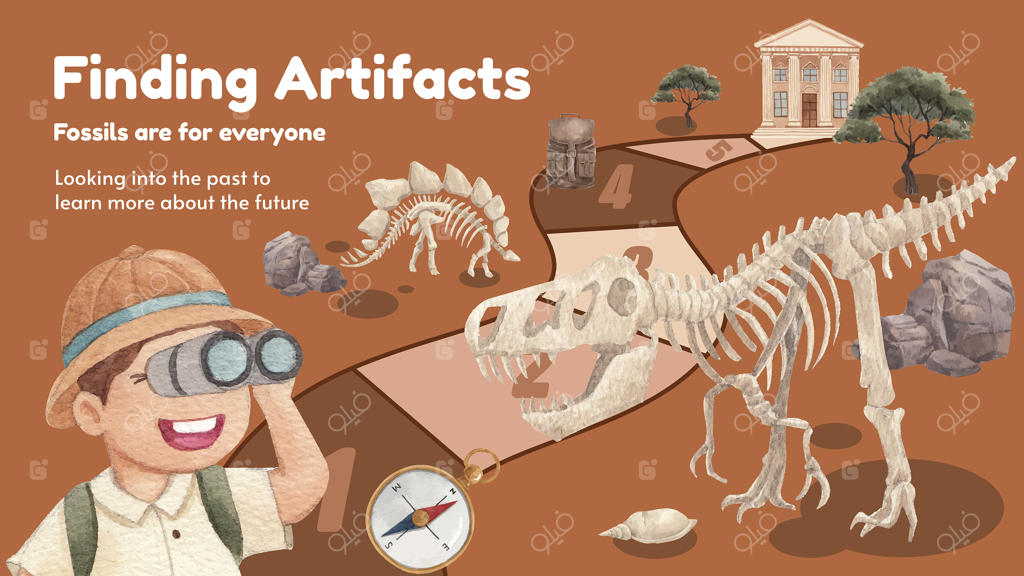 قالب بنر وبلاگی با طرح باستان‌شناس فسیل‌ها به سبک آبرنگ