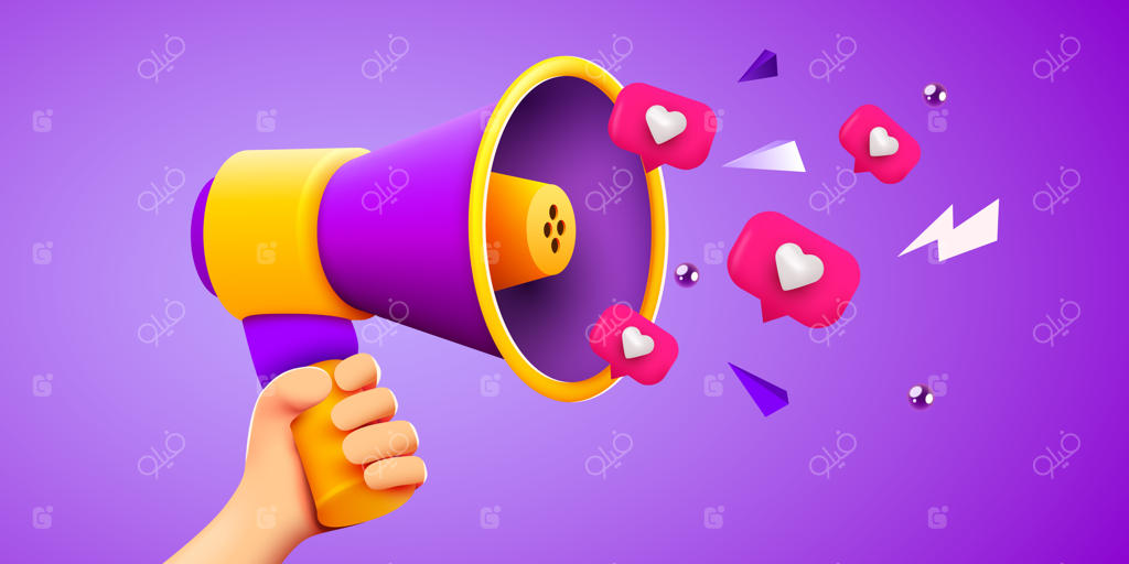 دست سه‌بعدی در حال نگه‌داشتن بلندگو یا بلندگوی شیپوری برای اعلام تبلیغات رسانه‌های اجتماعی با اعلان‌های لایک