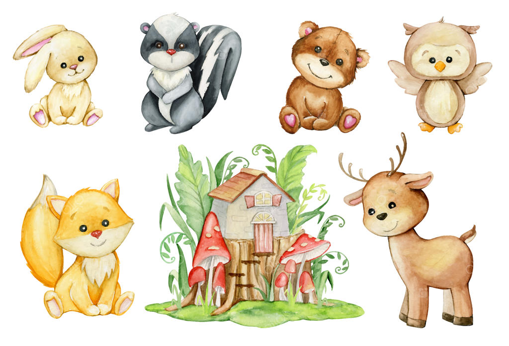 مجوعه آبرنگی حیوانات کارتونی: خرگوش، جغد، گوزن، راسوی بدبو، خرس، روباه، خانه، قارچ‌های روی کنده درختی.