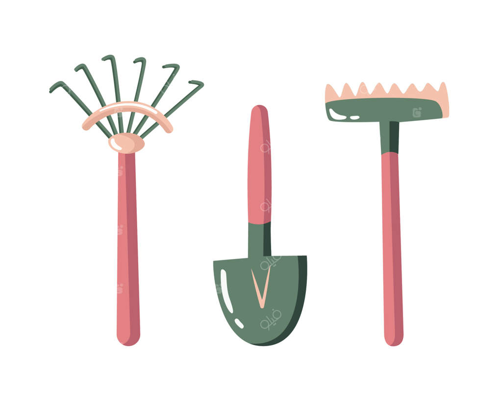 چنگک و بیل دستی نقاشی شده. مجموعه ابزار باغبانی و کشاورزی. عناصر طراحی کارتونی.