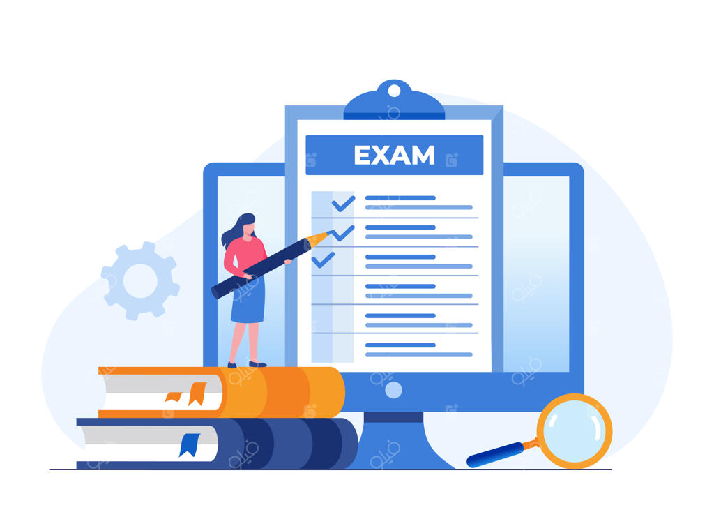 بنر وکتور تصویرسازی تخت با مفهوم آزمون آنلاین، چک‌لیست پاسخ و دانش‌آموز