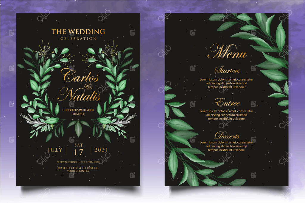 پترن کارت دعوت عروسی آبرنگی با طرح گل و برگ‌