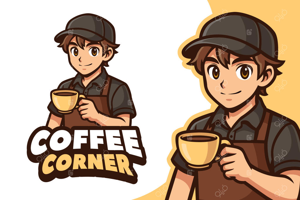 لوگوی پسر باریستا با فنجان قهوه برای کافی شاپ و کافه. تصویر شخصیت کارتونی
