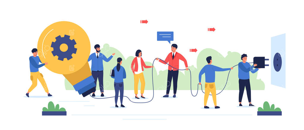 مفهوم ایده لامپ: شخصیت‌های کارتونی در جستجوی ایده‌ها و روشن کردن لامپ گروهی برای حل مسئله - مجموعه وکتور مجزا