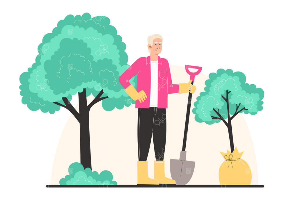 مردی سالخورده در لباس باغبانی، نهال جوانی می‌کارد