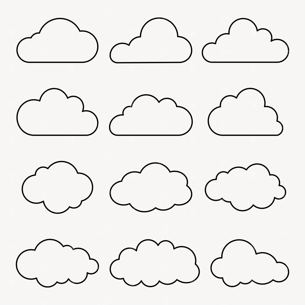 مجموعه وکتور ۱۲ طرح خطی ساده ابر در چیدمان شبکه‌ای با طراحی مینیمال؛ خطوط سیاه روی زمینه سفید با اشکال متنوع، مناسب برای تصویرسازی آب و هوا