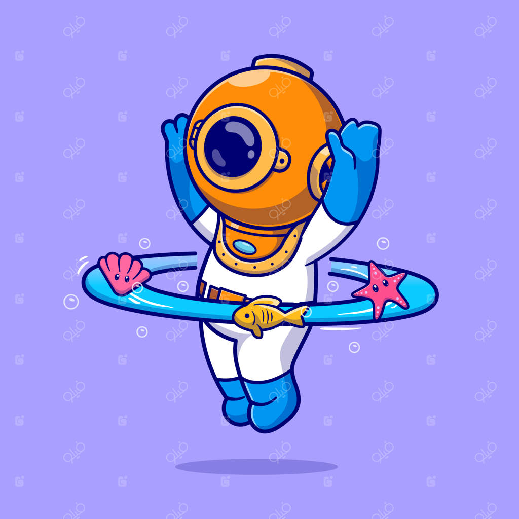 شیرجه زن بامزه بازی با حلقه هولاهوپ در اقیانوس همراه با ماهی‌ها، ستاره دریایی و صدف - تصویر وکتور کارتونی