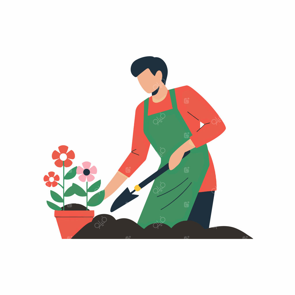 نقاشی مردی در حال کندن خاک برای کاشتن گلدان گل