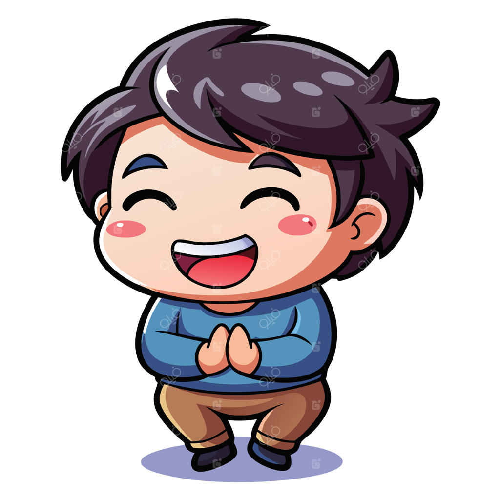 پسر کارتونی دست به سینه و خندان در پس‌زمینه سفید