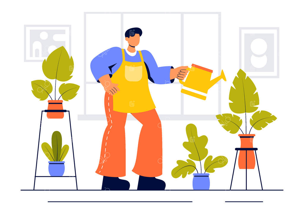 تصویر یک باغ آرام با مردمی که مشغول کاشت گیاهان و گل‌ها هستند