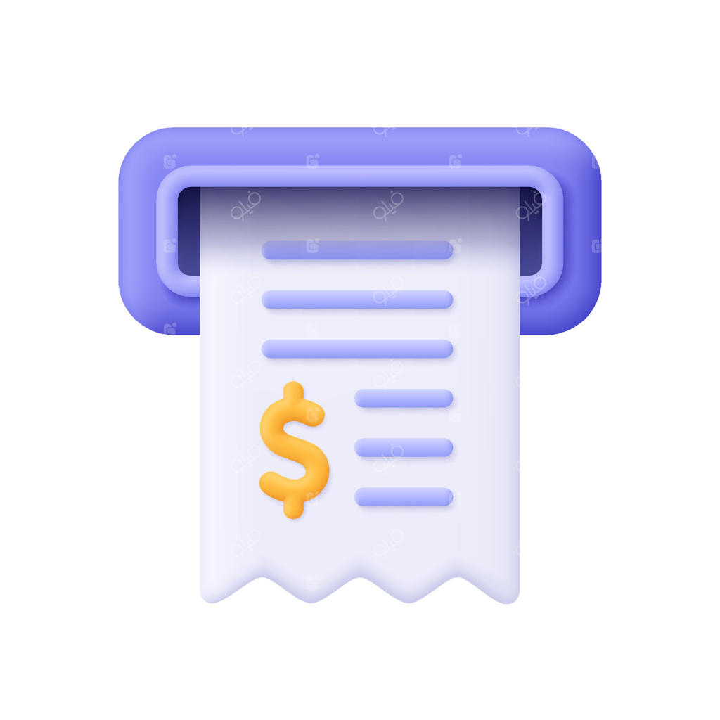 رسید نقدی، صورت‌حساب یا فاکتور بیرون‌آمده از دستگاه خودپرداز یا صندوق‌فروش. مفهوم تراکنش مالی، بانکی و پرداخت خودپرداز. آیکون سه‌بعدی. سبک کارتونی و مینیمال.