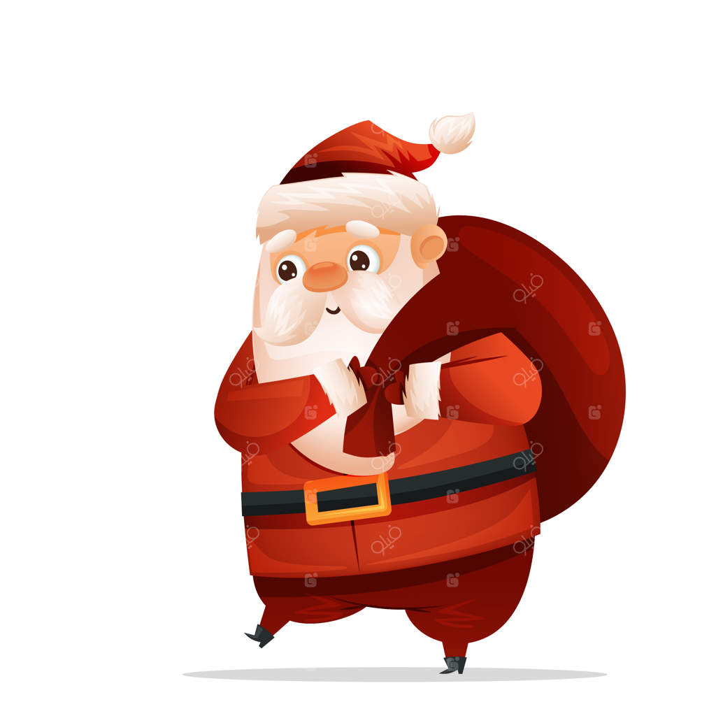 بابانوئل بامزه هدایایی در کیسه قرمز دارد. تصویرسازی وکتوری کریسمس مجزا