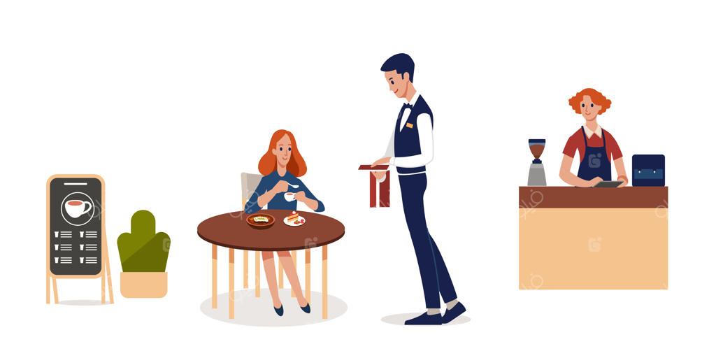 زنی به کافه‌ای در خیابان می‌رود و از پیشخدمت سفارش می‌دهد - تصویرگری وکتور تخت، زمینه سفید