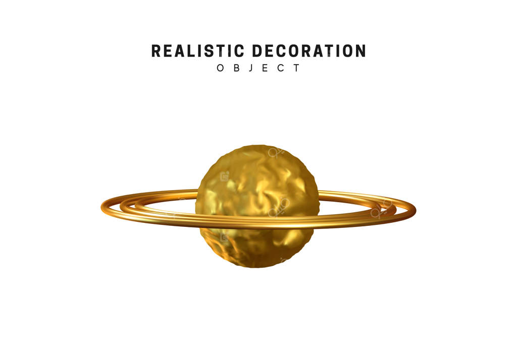 سیاره زحل طلایی سه‌بعدی جدا شده روی پس‌زمینه سفید. نماد طلایی، عنصر طراحی با شکل واقعی، لوگو. تصویر وکتور