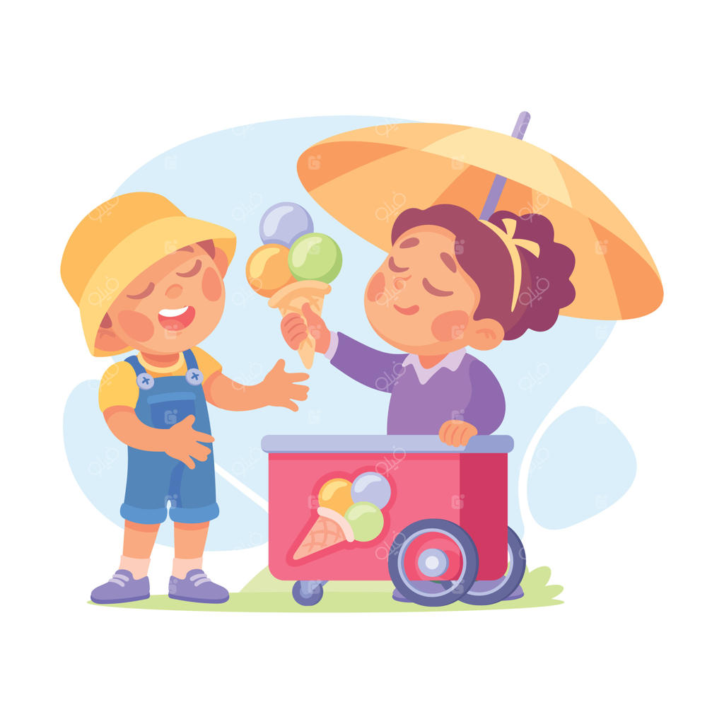 گروهی از کودکان شاد در حال لذت بردن از بستنی در یک روز آفتابی روشن