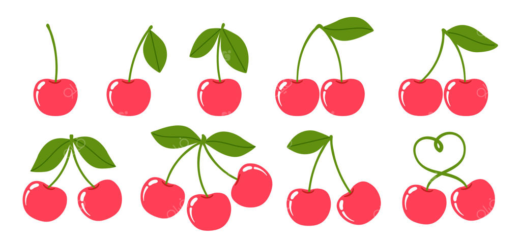 گیلاس. گیلاس‌های قرمز کارتونی. توت‌های رسیده و زیبا با برگ‌های سبز در اطراف. میوه تابستانی. تزیین طبیعی فصل بهار. توت‌های باغ. مجموعه