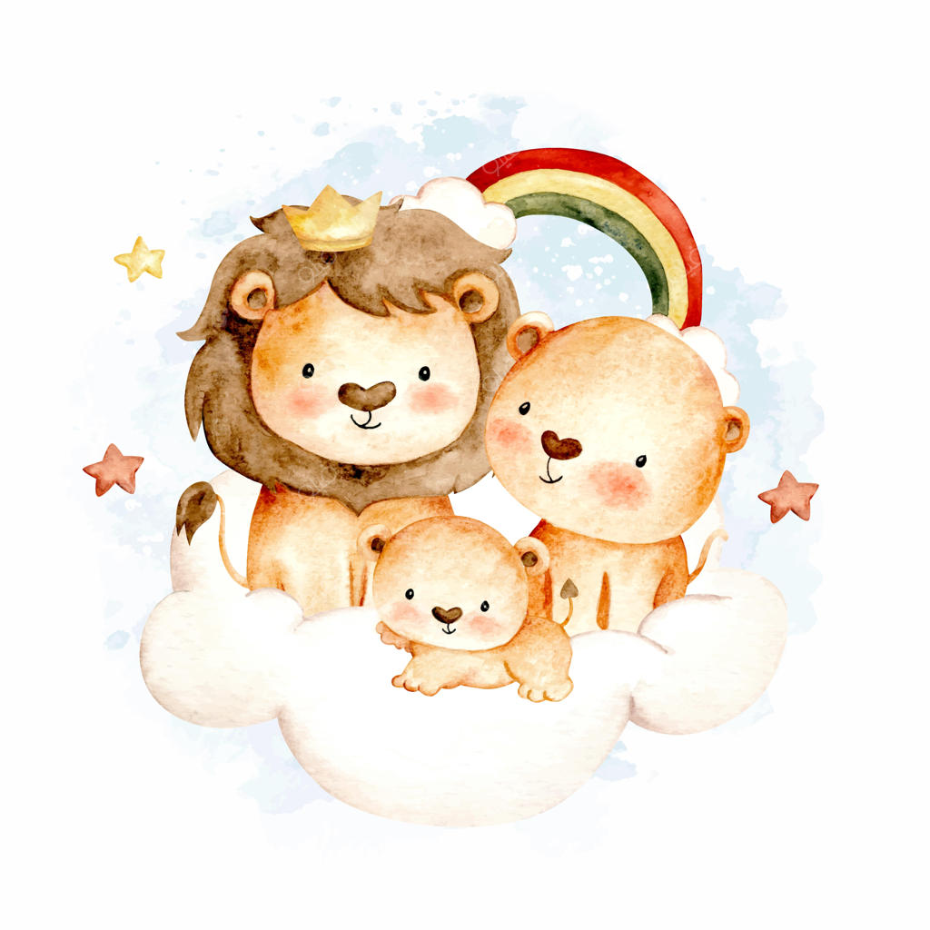 خانواده شاد شیر آبرنگی روی ابر